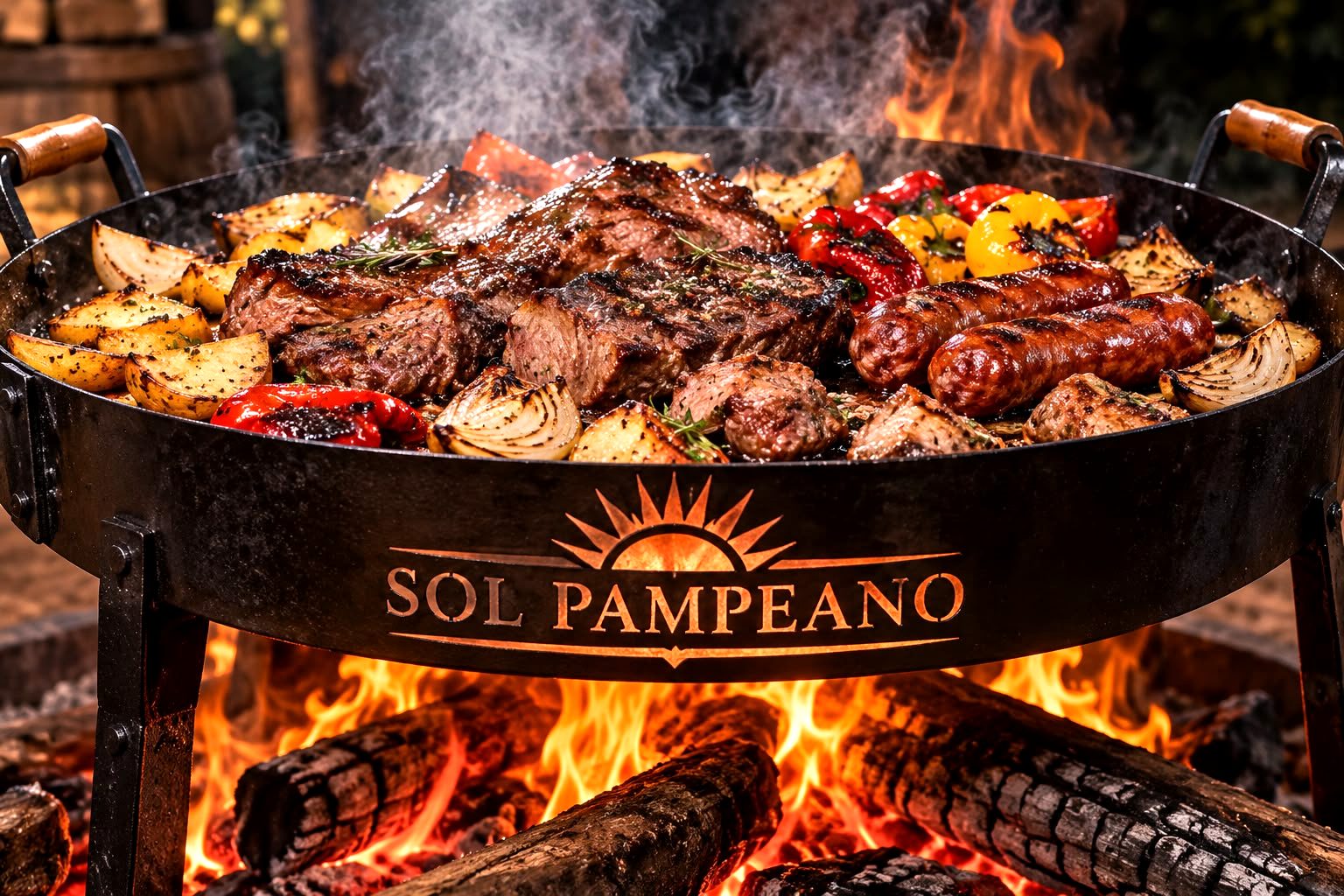 Disco de arado Sol Pampeano con carne, chorizos y verduras sobre el fuego